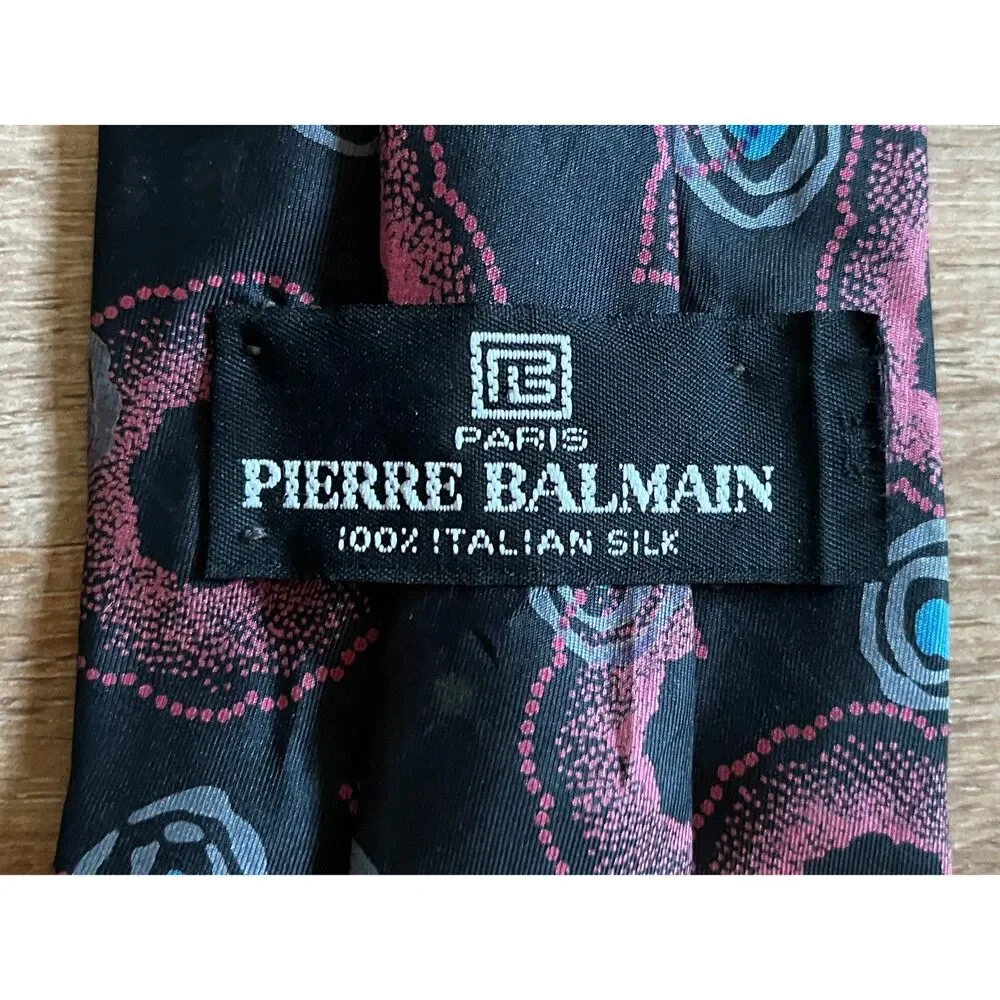 Vintage Pierre BALMAIN Paris Black Pink 100% Silk Pattern Neck Tie